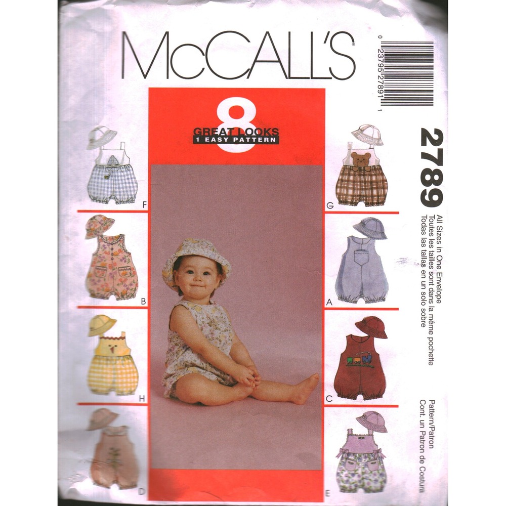 McCall's 2789 Infants Rompers and Hat Sewing Pattern 8 Looks Size S-XL CUT